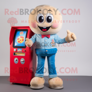 Tan Gumball Machine mascot costume character dressed with a Bootcut Jeans and Shoe clips