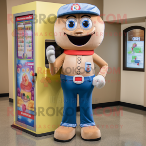 Tan Gumball Machine mascot costume character dressed with a Bootcut Jeans and Shoe clips