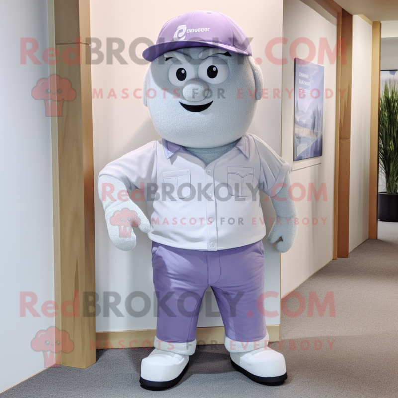 Lavender Ice mascot costume character dressed with a Cargo Shorts and Caps