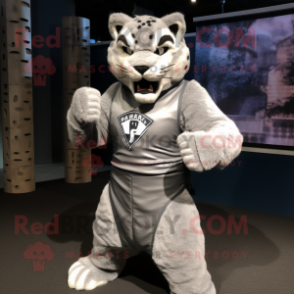 Silver Bobcat mascot costume character dressed with a Tank Top and Wraps