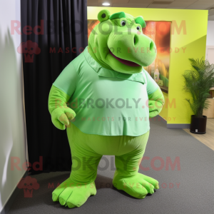 Lime Green Hippopotamus mascot costume character dressed with a Dress Pants and Foot pads