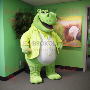 Lime Green Hippopotamus mascot costume character dressed with a Dress Pants and Foot pads