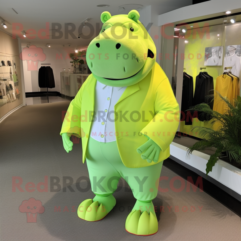 Lime Green Hippopotamus mascot costume character dressed with a Dress Pants and Foot pads