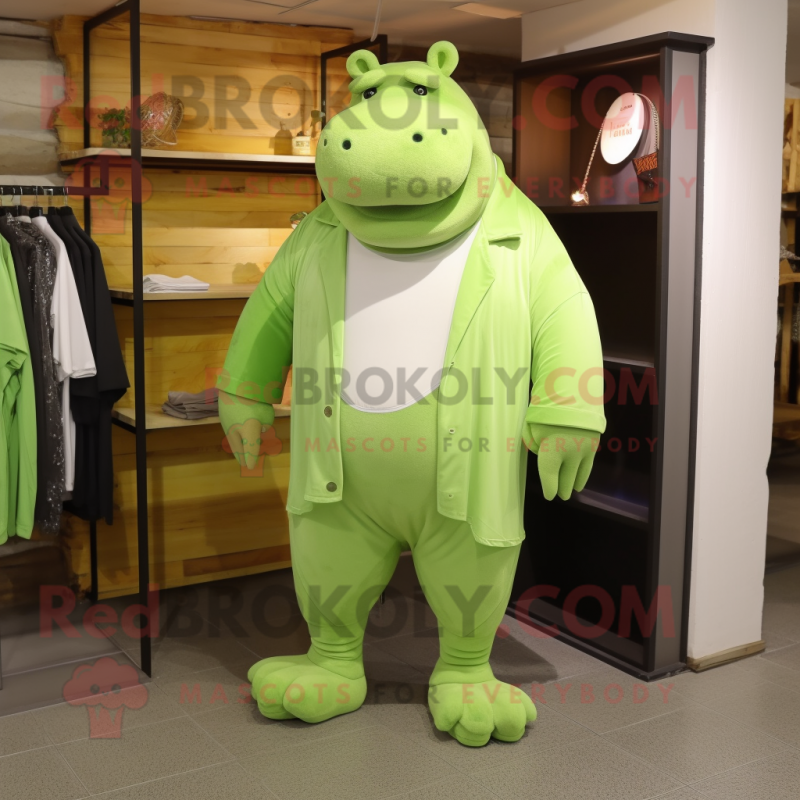 Lime Green Hippopotamus mascot costume character dressed with a Dress Pants and Foot pads Lime Green Hippopotamus mascot costume character dressed with a Dress Pants and Foot pads