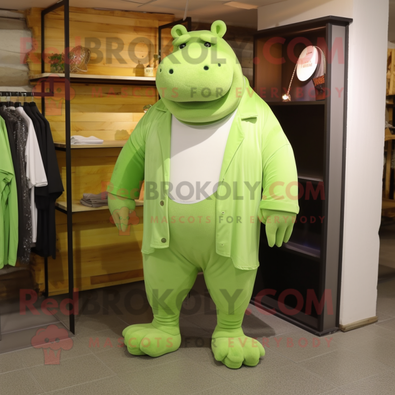 Lime Green Hippopotamus mascot costume character dressed with a Dress Pants and Foot pads