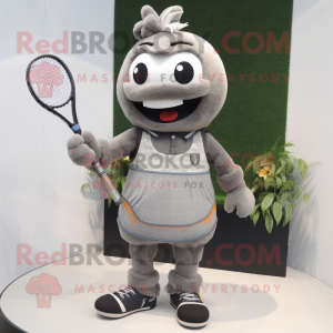 Gray Tennis Racket mascot costume character dressed with a Vest and Lapel pins