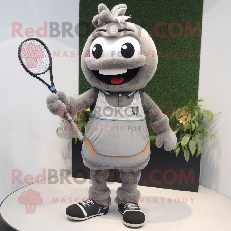 Gray Tennis Racket mascot costume character dressed with a Vest and Lapel pins Gray Tennis Racket mascot costume character dressed with a Vest and Lapel pins
