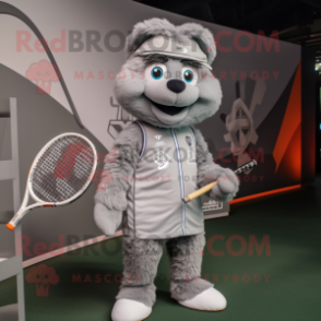 Gray Tennis Racket mascot costume character dressed with a Vest and Lapel pins