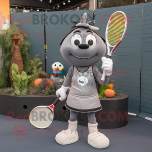 Gray Tennis Racket mascot costume character dressed with a Vest and Lapel pins