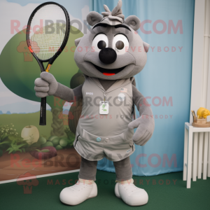 Gray Tennis Racket mascot costume character dressed with a Vest and Lapel pins