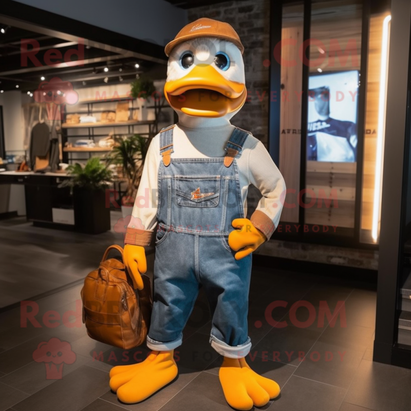 Rust Geese mascot costume character dressed with a Dungarees and Briefcases Rust Geese mascot costume character dressed with a Dungarees and Briefcases