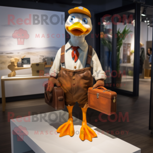 Rust Geese mascot costume character dressed with a Dungarees and Briefcases