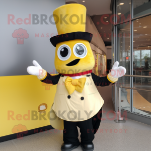 Yellow Ramen mascot costume character dressed with a Tuxedo and Gloves
