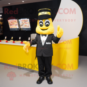 Yellow Ramen mascot costume character dressed with a Tuxedo and Gloves