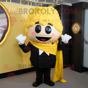 Yellow Ramen mascot costume character dressed with a Tuxedo and Gloves