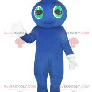 Mascotte de bonhomme bleu souriant avec des yeux verts -