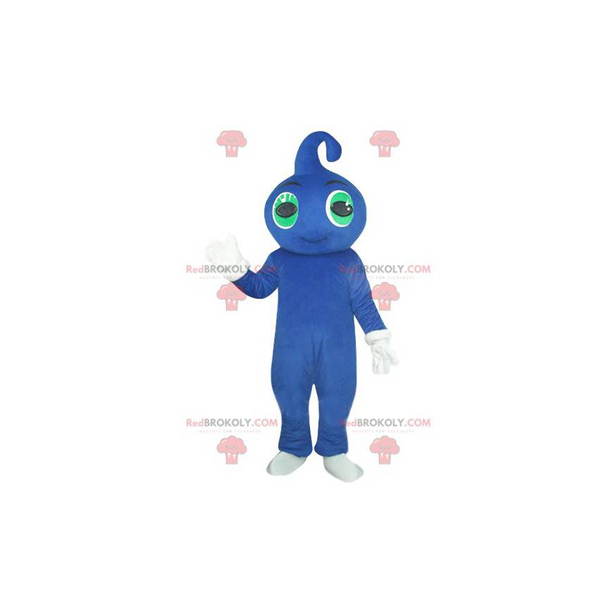 Mascotte de bonhomme bleu souriant avec des yeux verts -