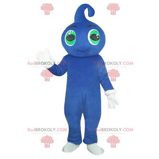 Mascotte de bonhomme bleu souriant avec des yeux verts -