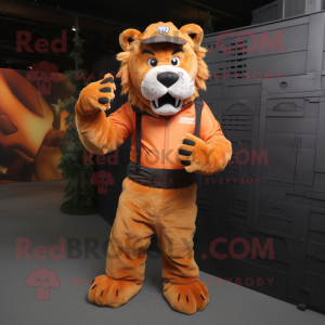 Orange Saber-Toothed Tiger mascot costume character dressed with a Cargo Pants and Gloves