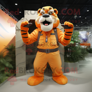 Orange Saber-Toothed Tiger mascot costume character dressed with a Cargo Pants and Gloves