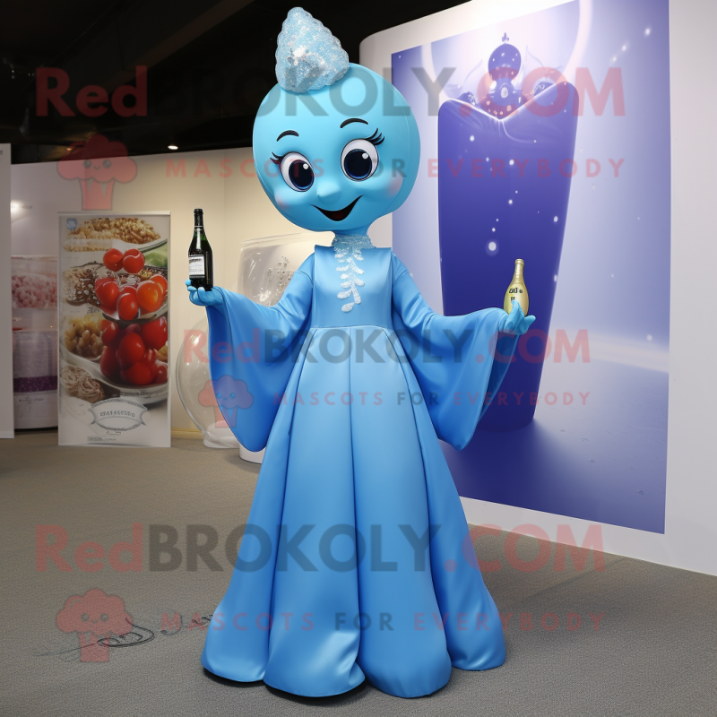 Sky Blue Champagne mascot costume character dressed with a Empire Waist Dress and Earrings