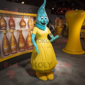 Cyan Bottle Of Mustard mascot costume character dressed with a Empire Waist Dress and Anklets