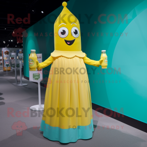 Cyan Bottle Of Mustard mascot costume character dressed with a Empire Waist Dress and Anklets