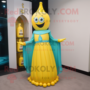 Cyan Bottle Of Mustard mascot costume character dressed with a Empire Waist Dress and Anklets