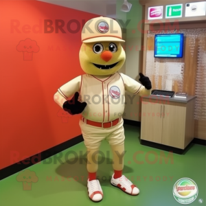 Beige Tomato mascot costume character dressed with a Baseball Tee and Bracelet watches