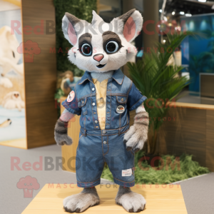 Cream Civet mascot costume character dressed with a Denim Shorts and Hairpins