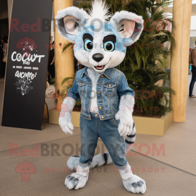 Cream Civet mascot costume character dressed with a Denim Shorts and Hairpins