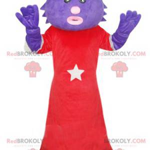 Gato mascote roxo com um vestido vermelho. Fantasia de bichano