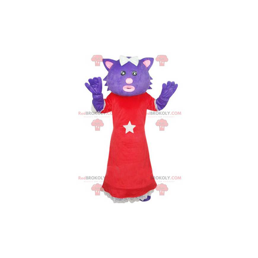 Gato mascote roxo com um vestido vermelho. Fantasia de bichano