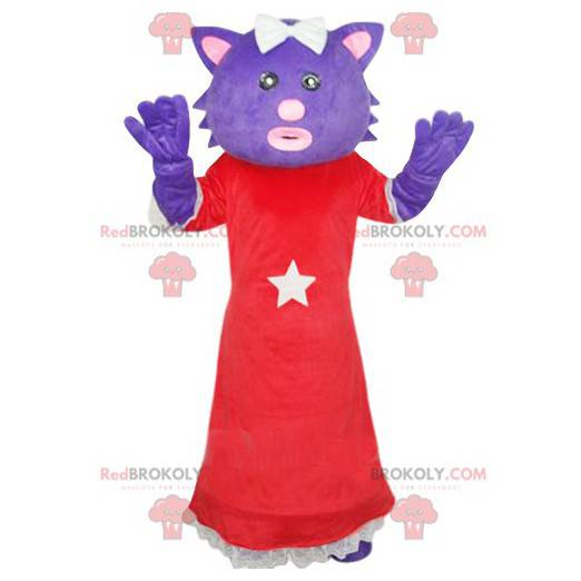 Gato mascote roxo com um vestido vermelho. Fantasia de bichano