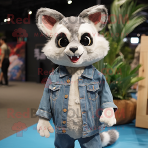 Cream Civet mascot costume character dressed with a Denim Shorts and Hairpins