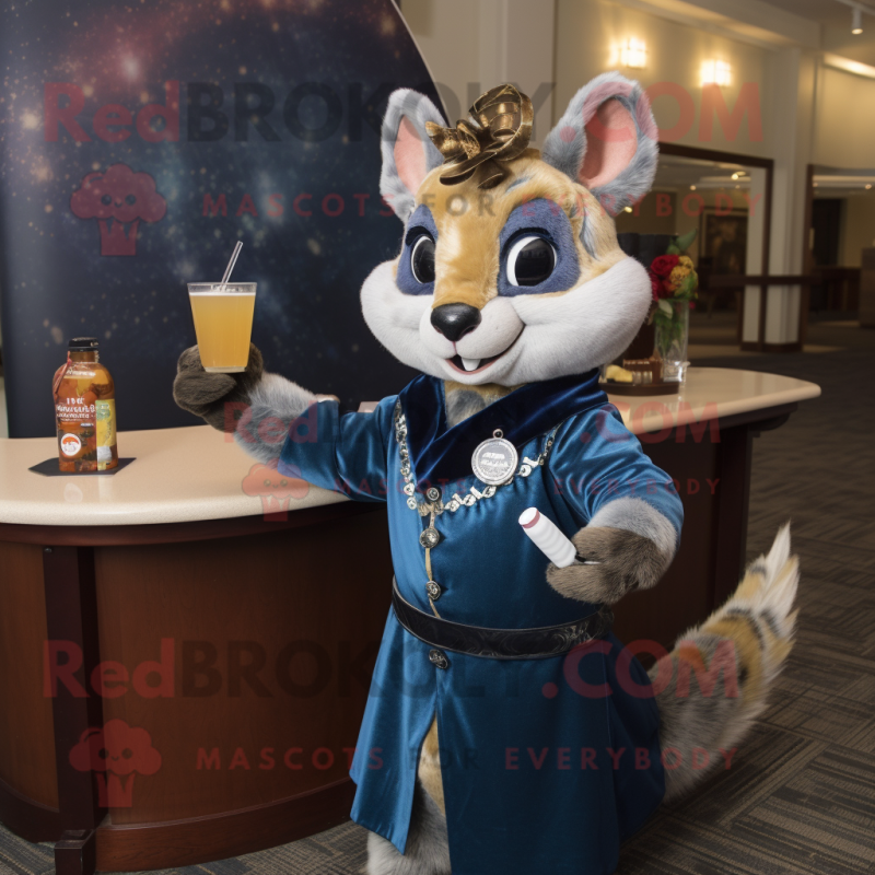 Navy Flying Squirrel mascot costume character dressed with a Cocktail Dress and Scarves Navy Flying Squirrel mascot costume character dressed with a Cocktail Dress and Scarves