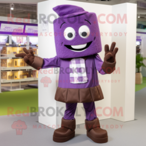 Purple Chocolate Bars mascot costume character dressed with a Chinos and Shoe clips