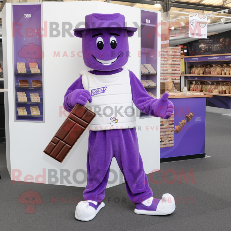 Purple Chocolate Bars mascot costume character dressed with a Chinos and Shoe clips