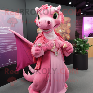 Pink Dragon mascot costume character dressed with a Blouse and Shawls