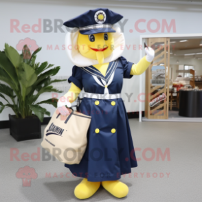 Navy Banana mascot costume character dressed with a Empire Waist Dress and Tote bags