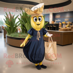 Navy Banana mascot costume character dressed with a Empire Waist Dress and Tote bags