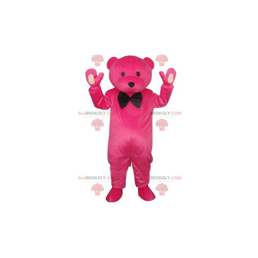 Mascotte orso fucsia con un papillon nero - Redbrokoly.com