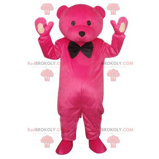 Urso mascote fúcsia com gravata borboleta preta - Redbrokoly.com