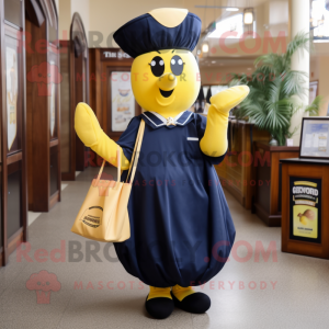Navy Banana mascot costume character dressed with a Empire Waist Dress and Tote bags