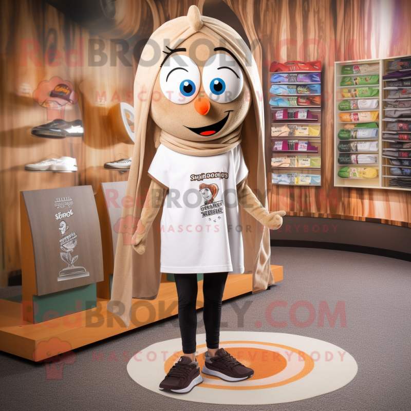 Tan Aglet mascot costume character dressed with a Leggings and Shawl pins