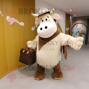 Beige Hereford Cow mascot costume character dressed with a Long Sleeve Tee and Handbags