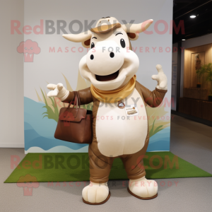 Beige Hereford Cow mascot costume character dressed with a Long Sleeve Tee and Handbags