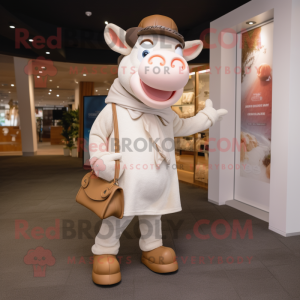 Beige Hereford Cow mascot costume character dressed with a Long Sleeve Tee and Handbags