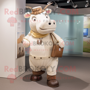 Beige Hereford Cow mascot costume character dressed with a Long Sleeve Tee and Handbags