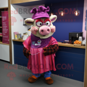 Magenta Pulled Pork Sandwich mascot costume character dressed with a Oxford Shirt and Shawls